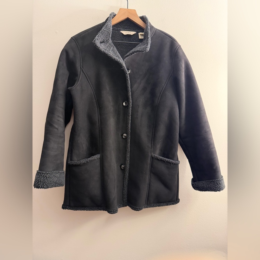 L.L. Bean black faux suede shearling coat penny lane fur trim Y2K M